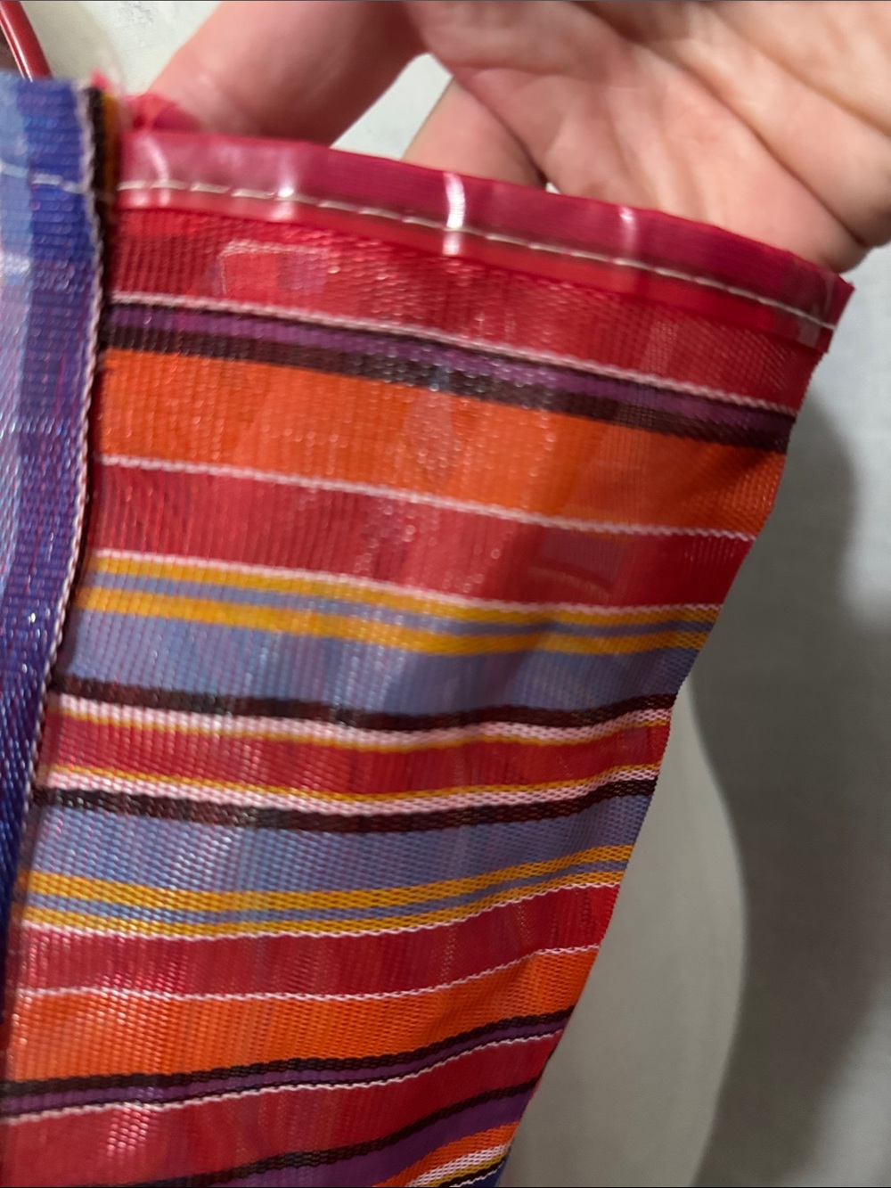Vintage Woven Plastic Tote Bag-Rainbow Stripes-Mesh Look-Hand Carry Double Strap - Picture 6 of 13